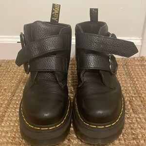 Dr. Marten leather platform ankle boots with heart shaped buckles, black, size 8